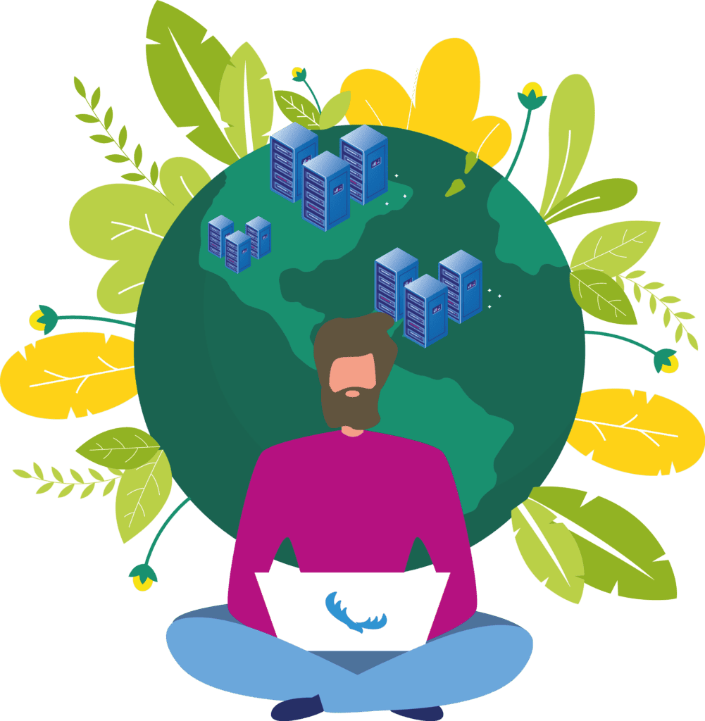 I man sits with his laptop in front of the Earth, which has a set of HPC/AI clusters set behind him. He is currently planning out his power/cooling consumption and considering environmental impact.